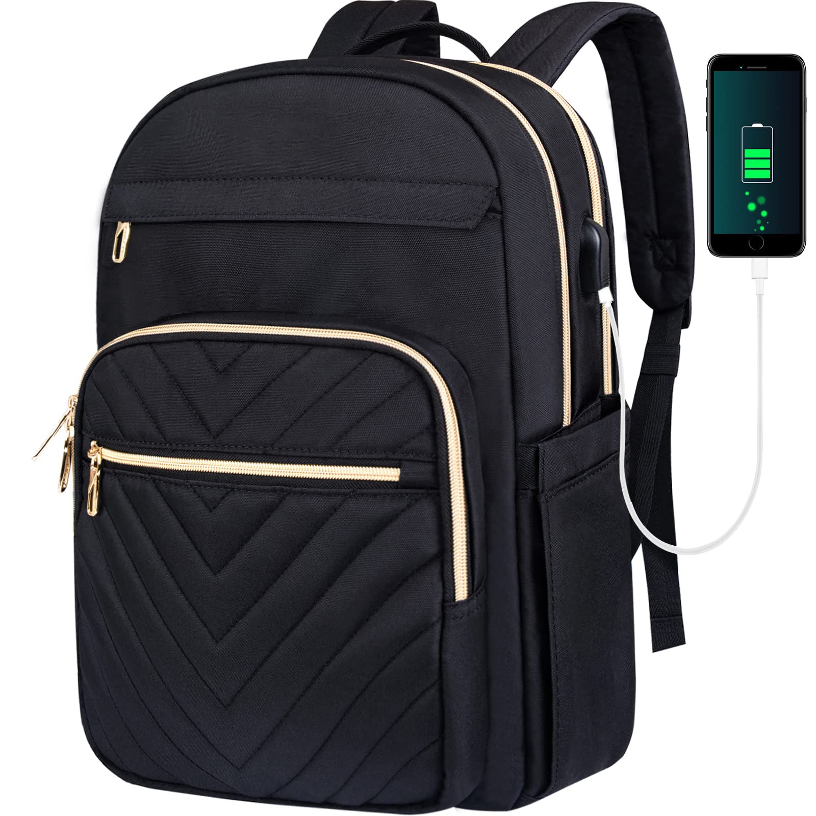 Dollcini fekete női városi laptop hátizsák, USB töltőporttal és arany cipzárokkal