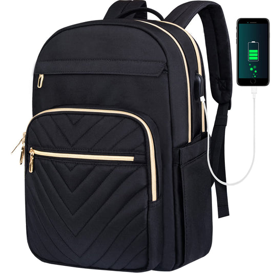 Dollcini fekete női városi laptop hátizsák, USB töltőporttal és arany cipzárokkal