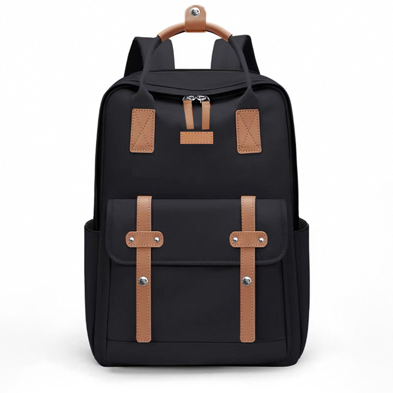 Dollcini fekete bővíthető unisex üzleti laptop hátizsák, barna pántdíszekkel