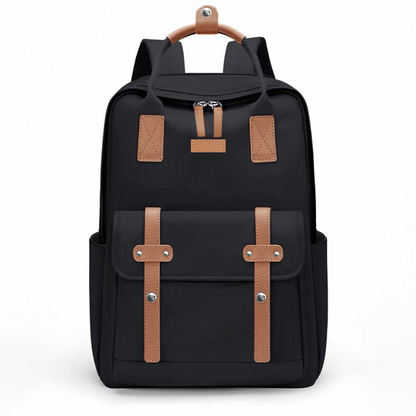 Dollcini fekete bővíthető unisex üzleti laptop hátizsák, barna pántdíszekkel