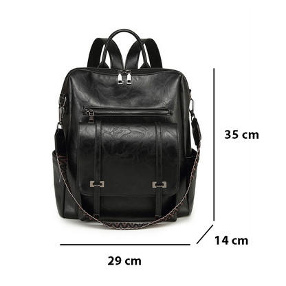 fekete retro női hátizsák méretábrán, 35 x 29 x 14 cm jelöléssel