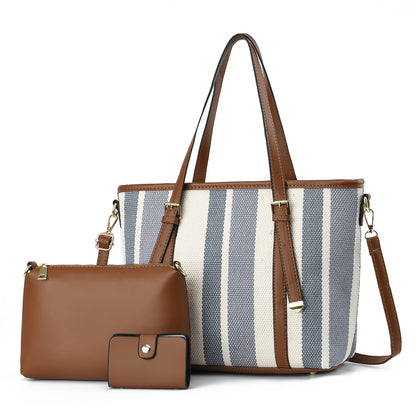 Dollcini szürke-fehér csíkos nagy méretű nylon tote kézitáska szett, barna neszesszerrel