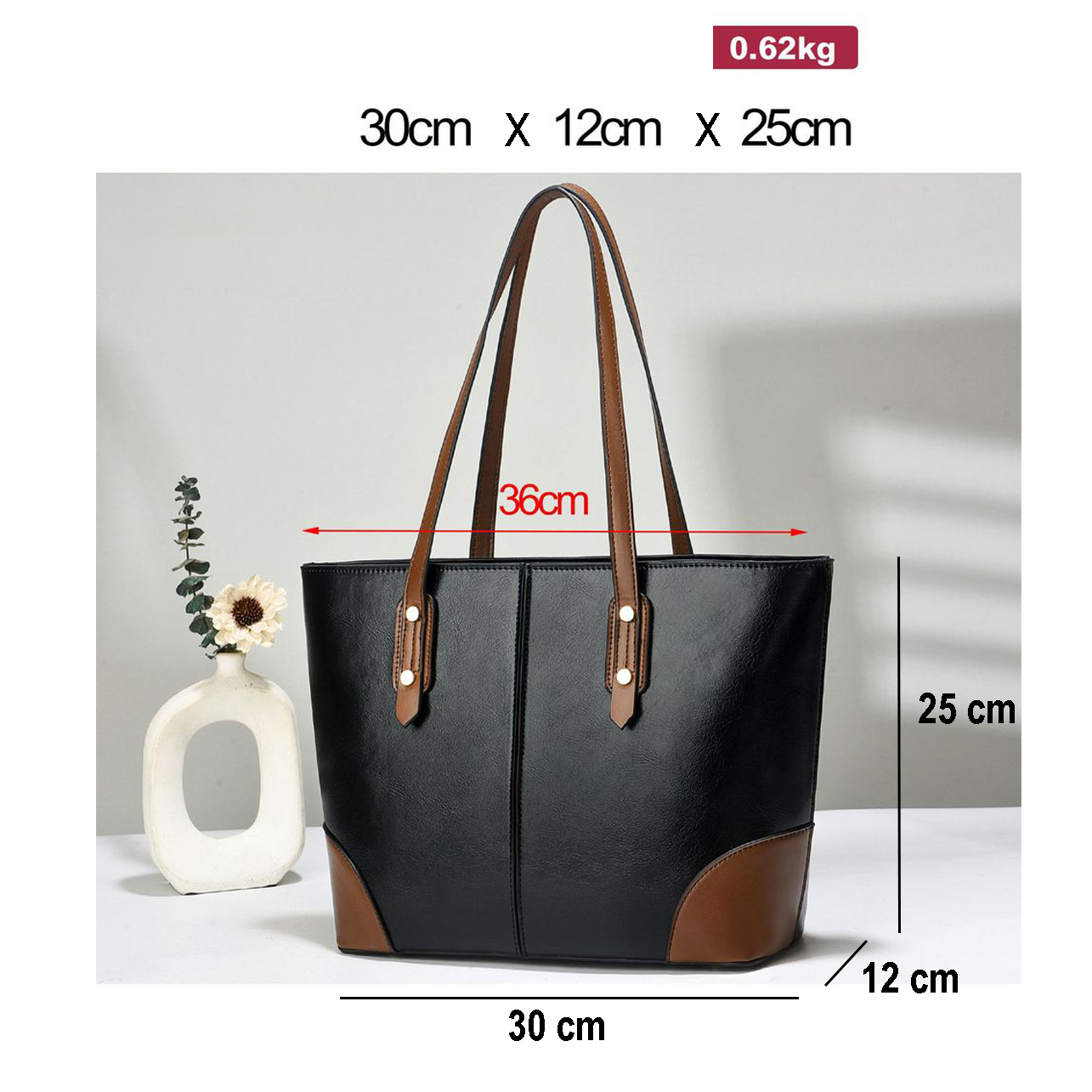 fekete-barna női tote kézitáska méretábrán 30 x 12 x 25 cm és 0,62 kg jelöléssel