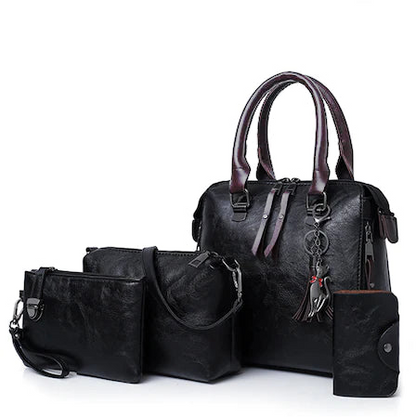 fekete négyrészes női műbőr táskaszett kézitáskával oldaltáskával clutch táskával és kártyatartóval