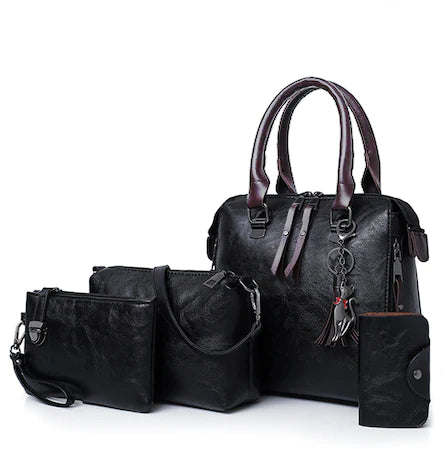 fekete négyrészes női műbőr táskaszett kézitáskával oldaltáskával clutch táskával és kártyatartóval