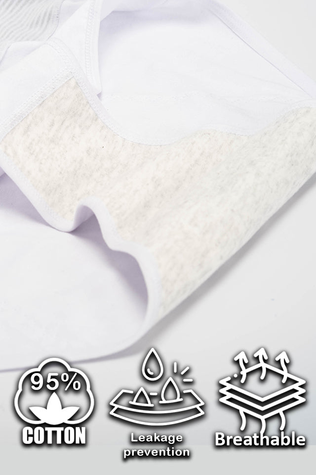 női magas derekú menstruációs bugyi, fehér, pamut bélés és szivárgásgátló réteg közelről