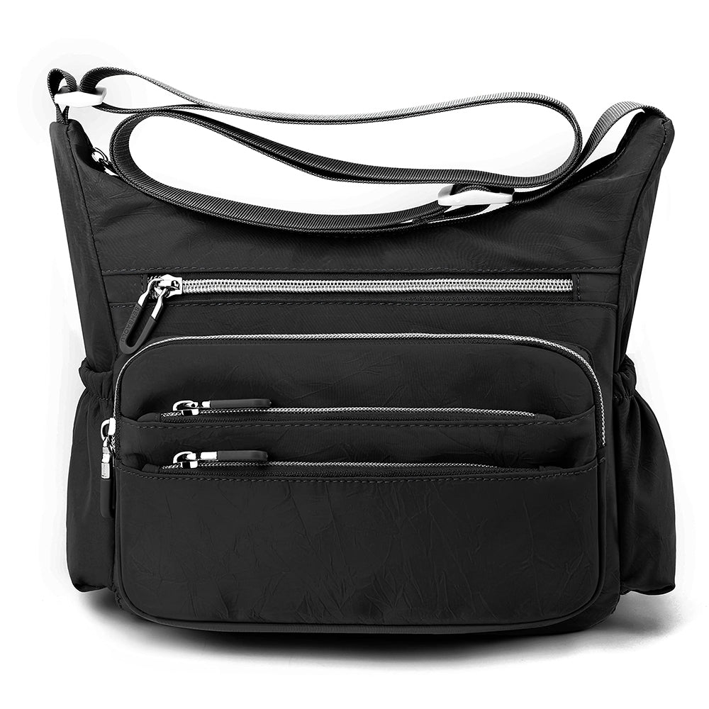 női oldaltáska, fekete, nylon anyagból, laptoprekesszel, változatként