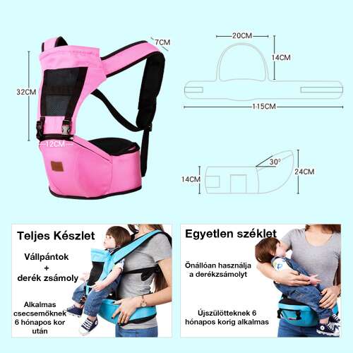 ergonomikus babahordozó, rózsaszín, méretadatokkal és használati módokkal