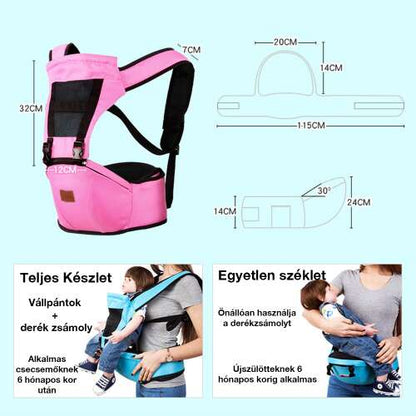 ergonomikus babahordozó, rózsaszín, méretadatokkal és használati módokkal