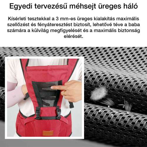 ergonomikus babahordozó, piros, lélegző hálós ülőrésszel