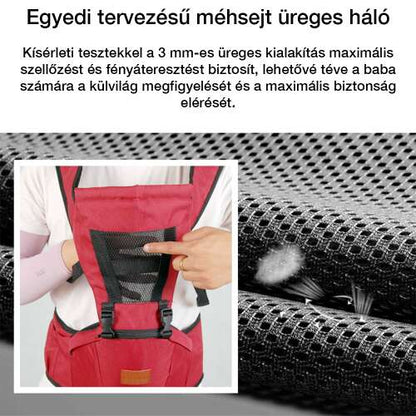 ergonomikus babahordozó, piros, lélegző hálós ülőrésszel
