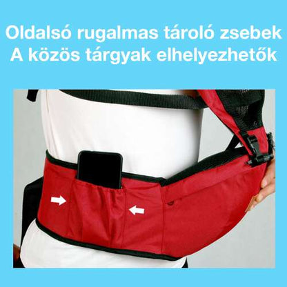 ergonomikus babahordozó, piros, oldalsó tárolózsebbel