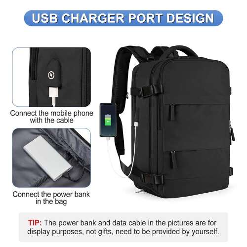 vízálló utazóhátizsák, fekete, USB töltőport használati ábrával