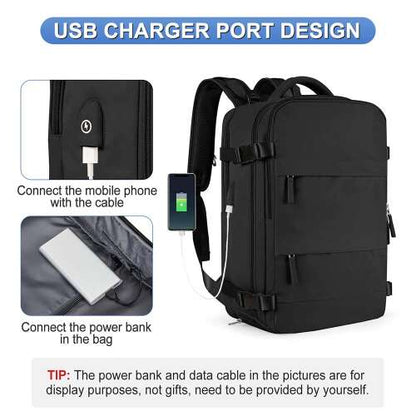 vízálló utazóhátizsák, fekete, USB töltőport használati ábrával