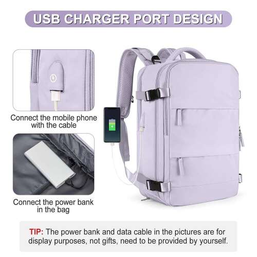 vízálló utazóhátizsák, lila, USB töltőport használati ábrával