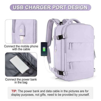 vízálló utazóhátizsák, lila, USB töltőport használati ábrával