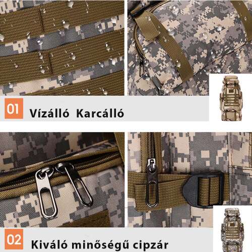 túrahátizsák, terepmintás, nagyméretű, nylon anyagból, cipzáras részlettel