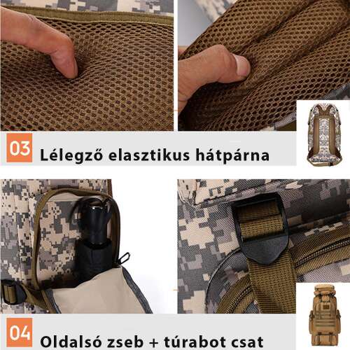 túrahátizsák, terepmintás, nagyméretű, nylon anyagból, cipzáras részlettel, oldalnézetben, 424945-zold modell