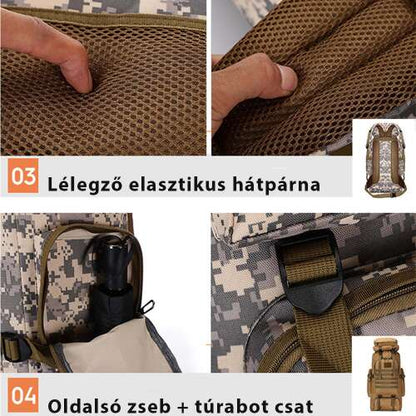 túrahátizsák, terepmintás, nagyméretű, nylon anyagból, cipzáras részlettel, oldalnézetben, 424945-zold modell