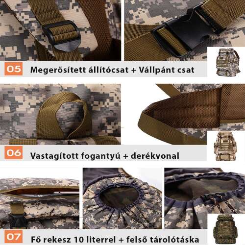 katonai túrahátizsák, terepmintás, vállpánt, fogantyú és főrekesz részletekkel