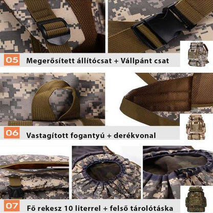 katonai túrahátizsák, terepmintás, vállpánt, fogantyú és főrekesz részletekkel