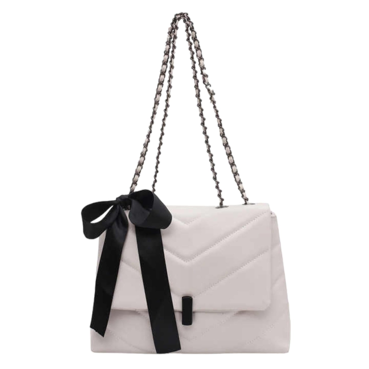 fehér steppelt női műbőr crossbody táska elölnézetben fekete masnival és láncpánttal