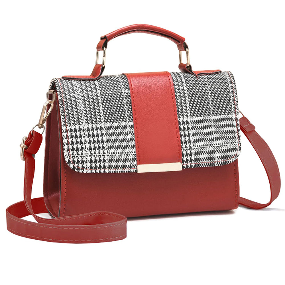 piros kockás kompakt női crossbody táska elölnézetben kézi fogantyúval
