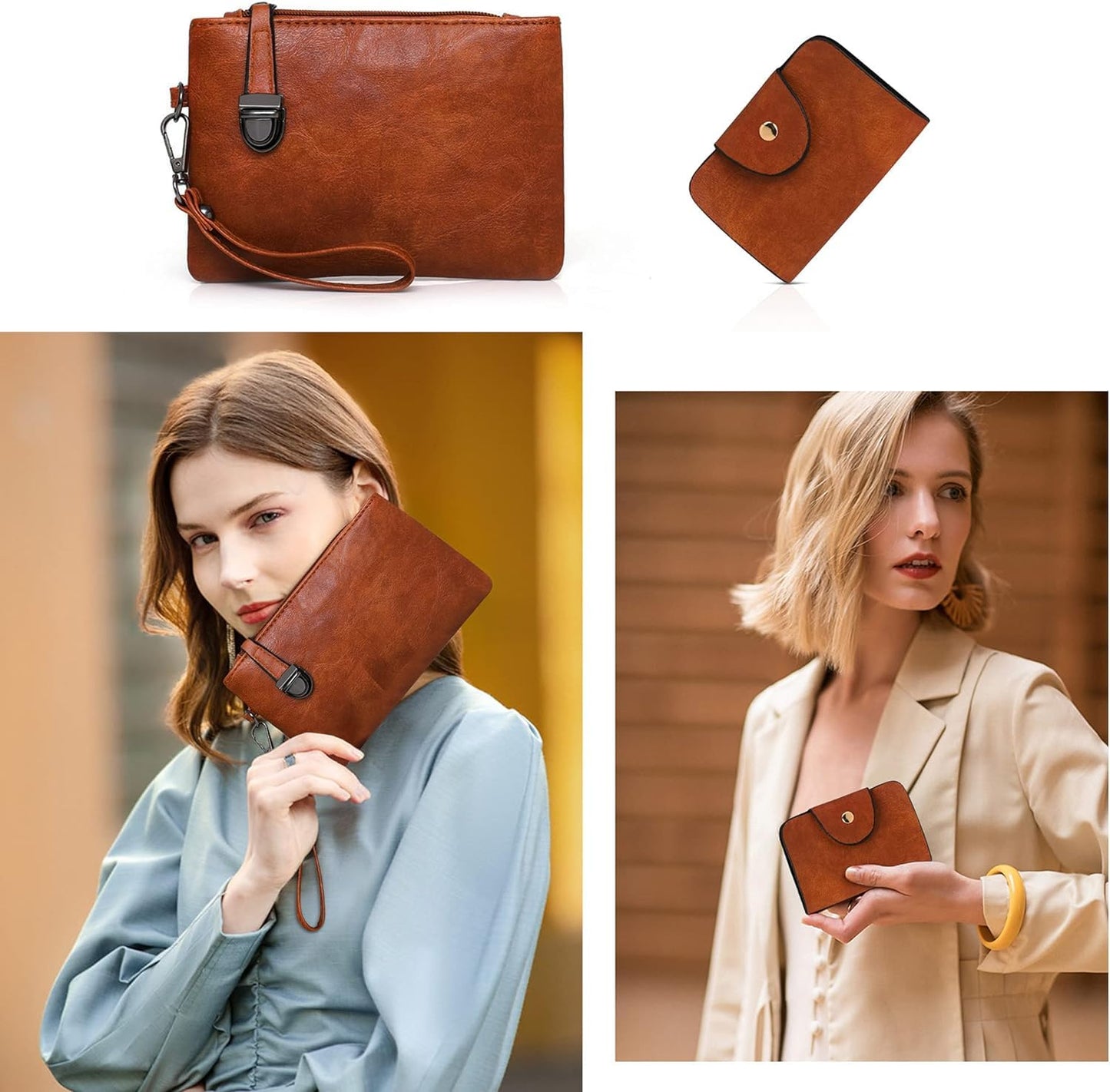 barna négyrészes női táskaszett clutch és kártyatartó használati kollázson