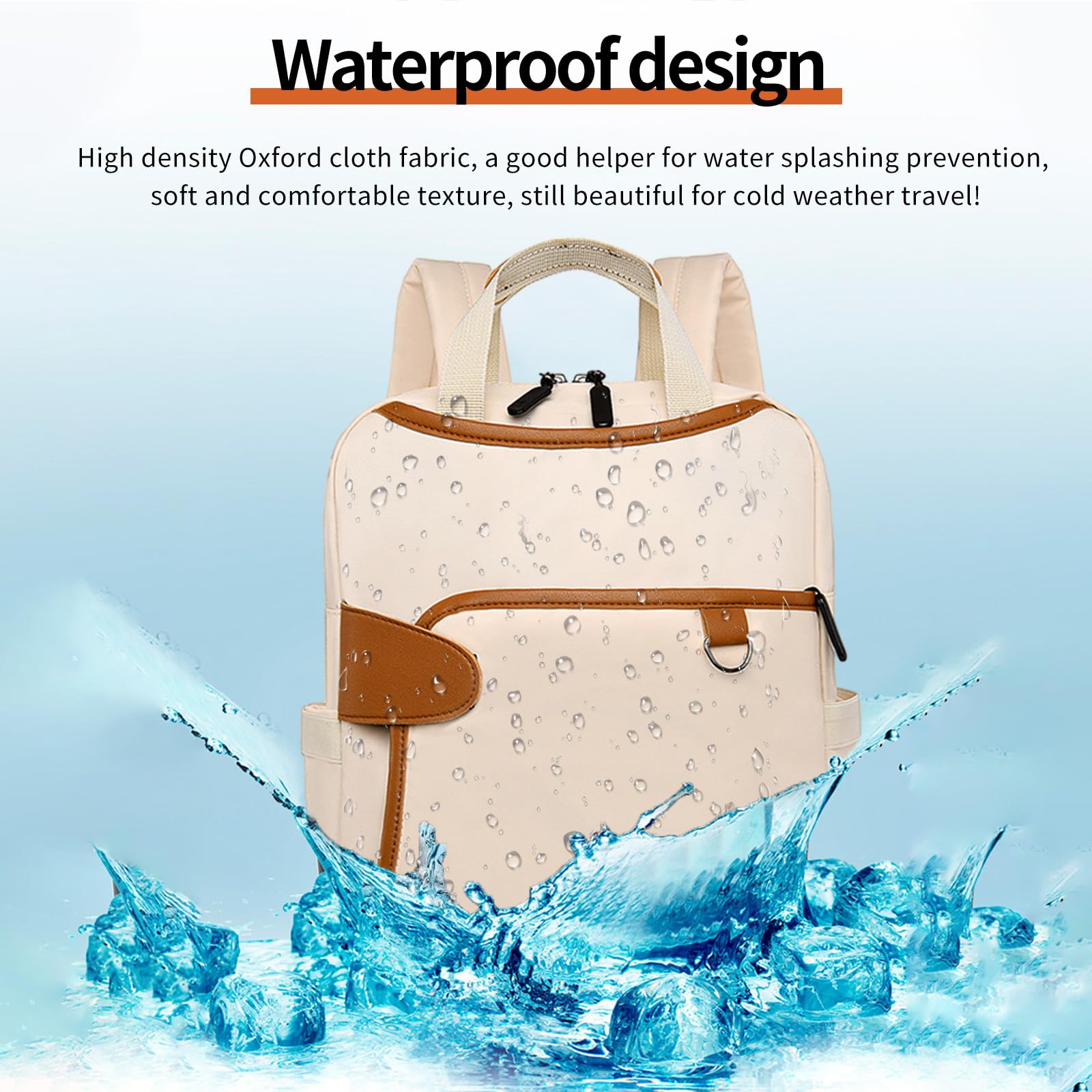 krémszínű kompakt laptop hátizsák vízálló design infografikán vízcseppekkel