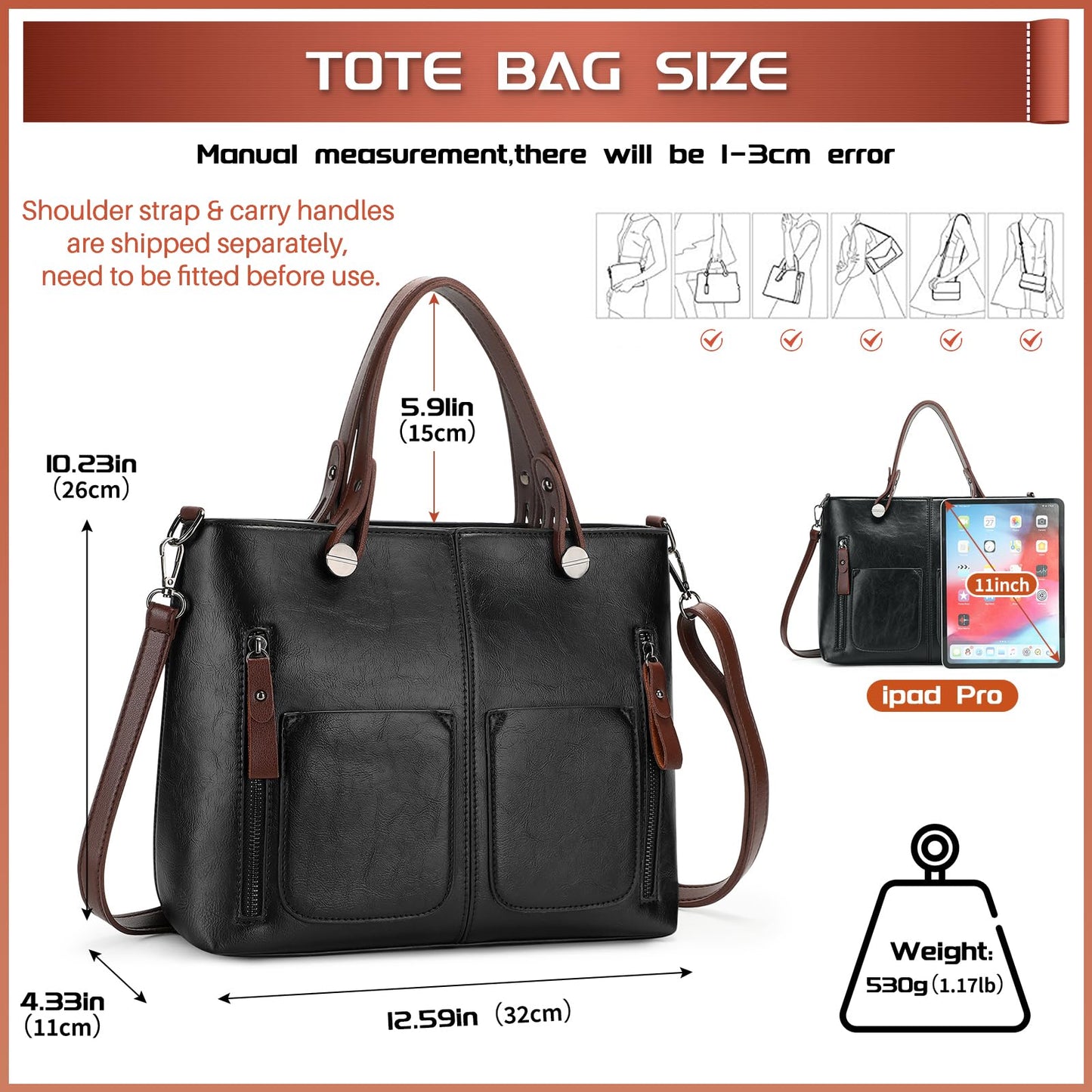 prémium női tote táska, fekete, 32 x 11 x 26 cm méretábrával