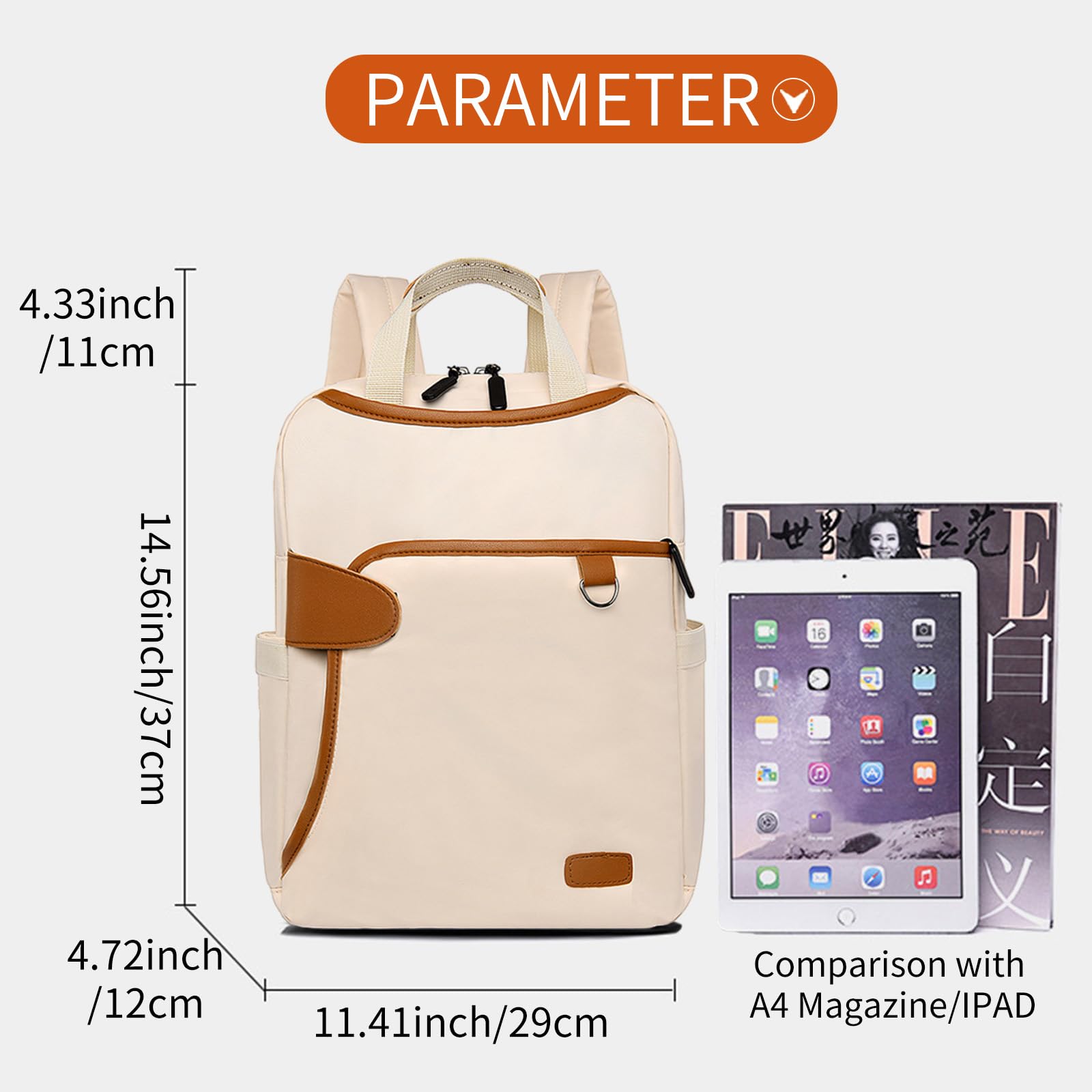 krémszínű kompakt laptop hátizsák méretábrán 37 x 29 x 12 cm és A4 összehasonlítással