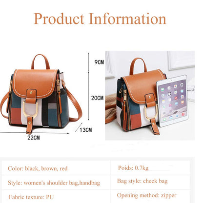 barna patchwork kompakt női hátizsák termékinformációs képen tablettel és méretekkel