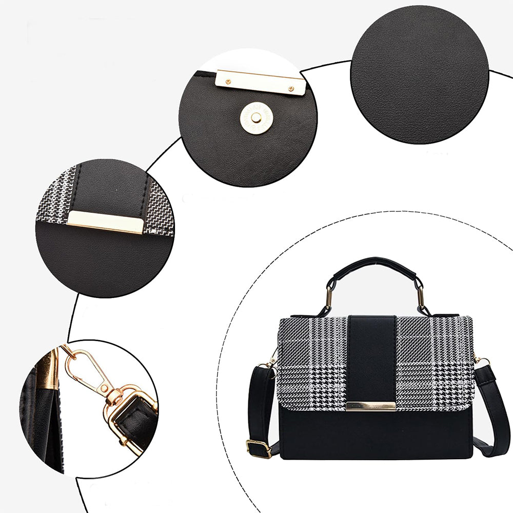 fekete kockás kompakt női crossbody táska részletinfografikán patenttel anyaggal és lánccal