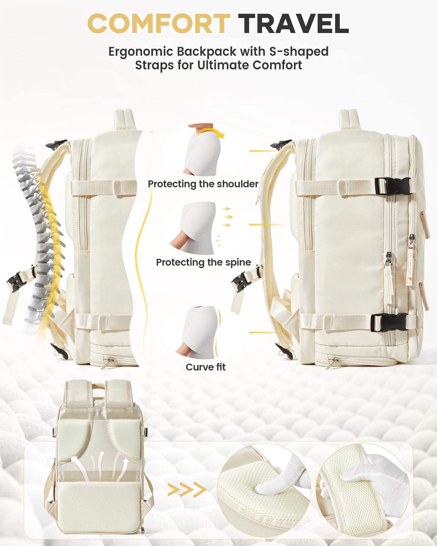 vízálló utazóhátizsák, krémfehér, ergonomikus hátpánt és comfort travel bemutatóval