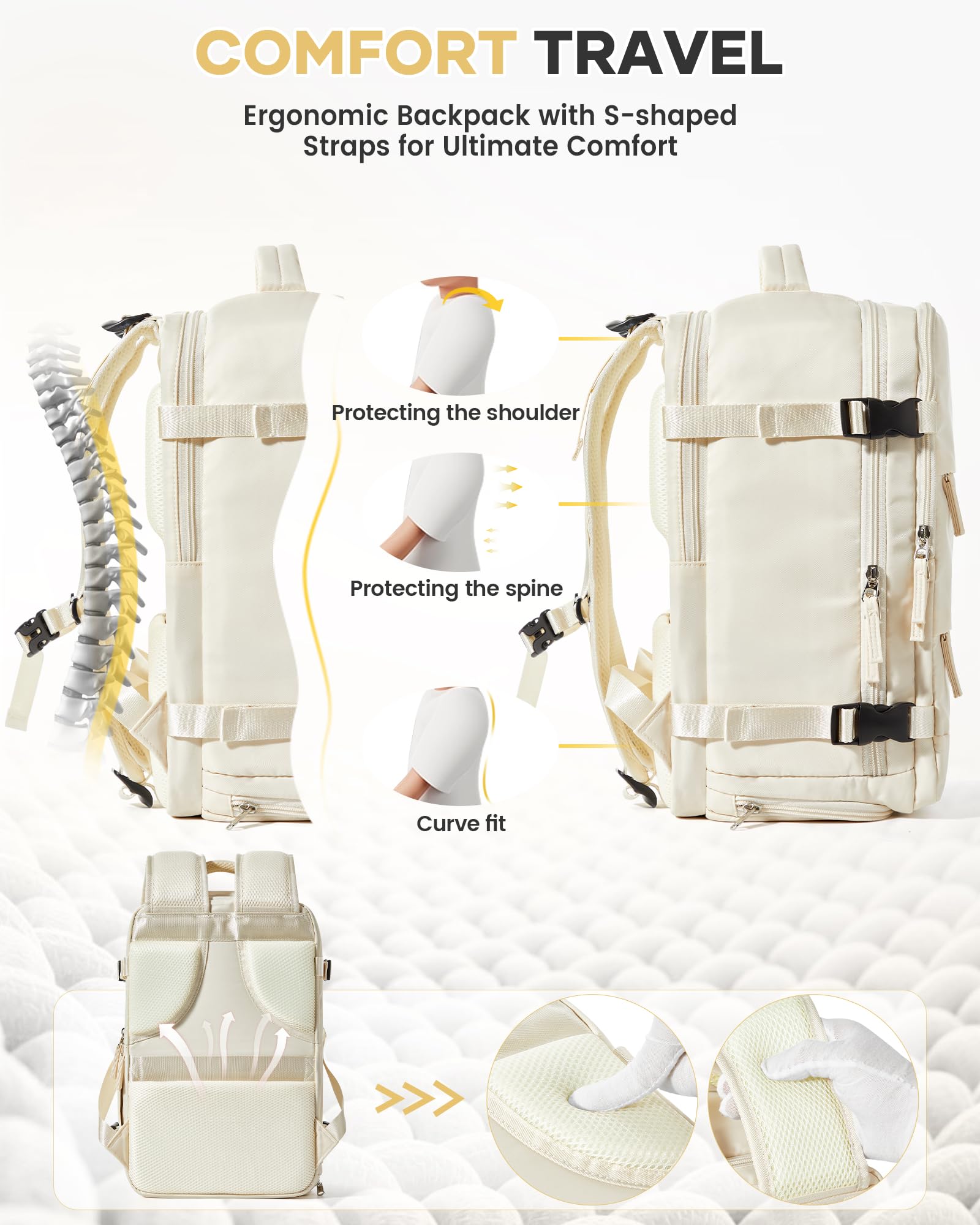 vízálló utazóhátizsák, krémfehér, ergonomikus hátpánt és comfort travel bemutatóval