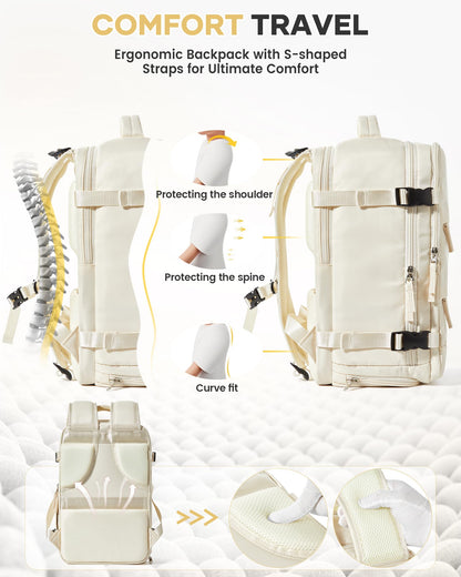vízálló utazóhátizsák, krémfehér, ergonomikus hátpánt és comfort travel bemutatóval