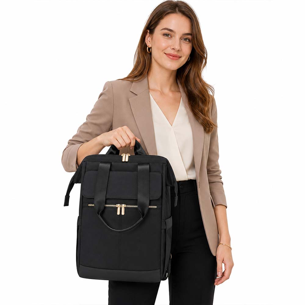 fekete női laptop hátizsák modellen kézben tartva, arany cipzárral