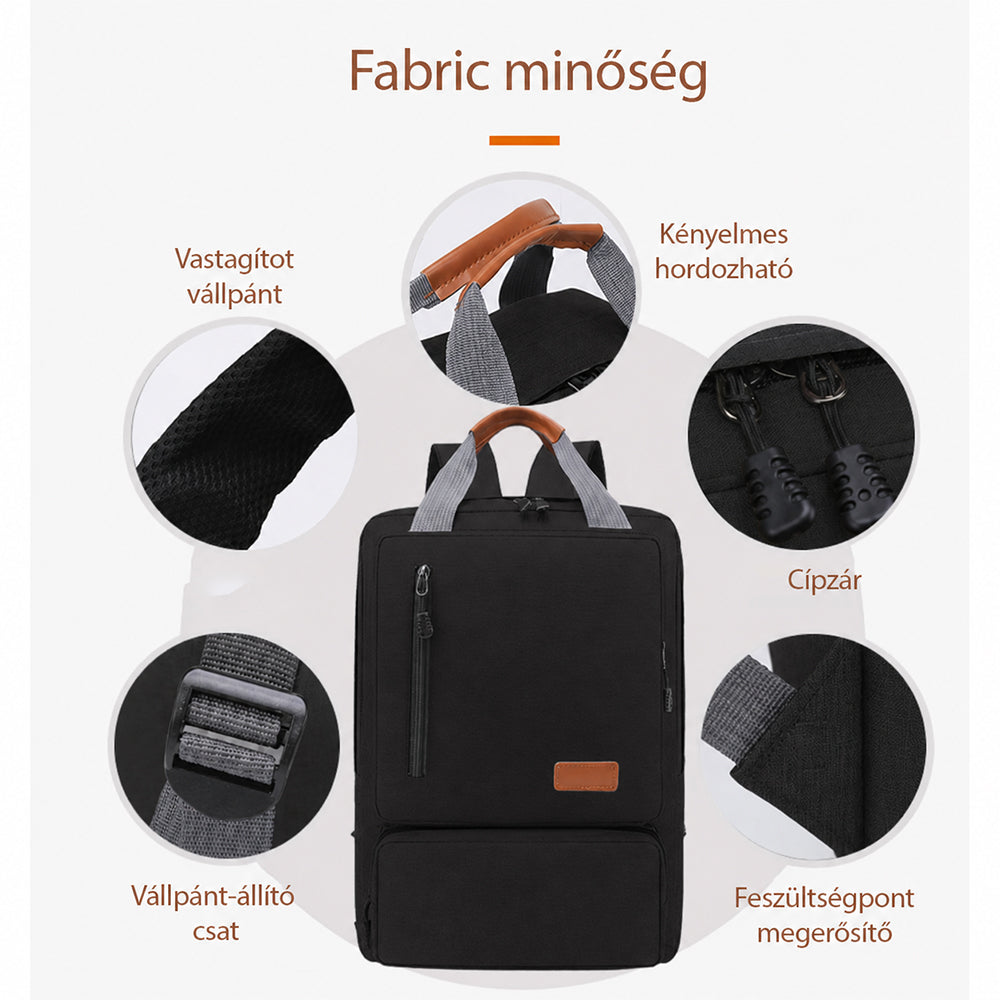 fekete háromrészes uniszex hátizsák anyagminőség infografikán fogantyúval cipzárral és vállpánttal