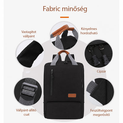 fekete háromrészes uniszex hátizsák anyagminőség infografikán fogantyúval cipzárral és vállpánttal