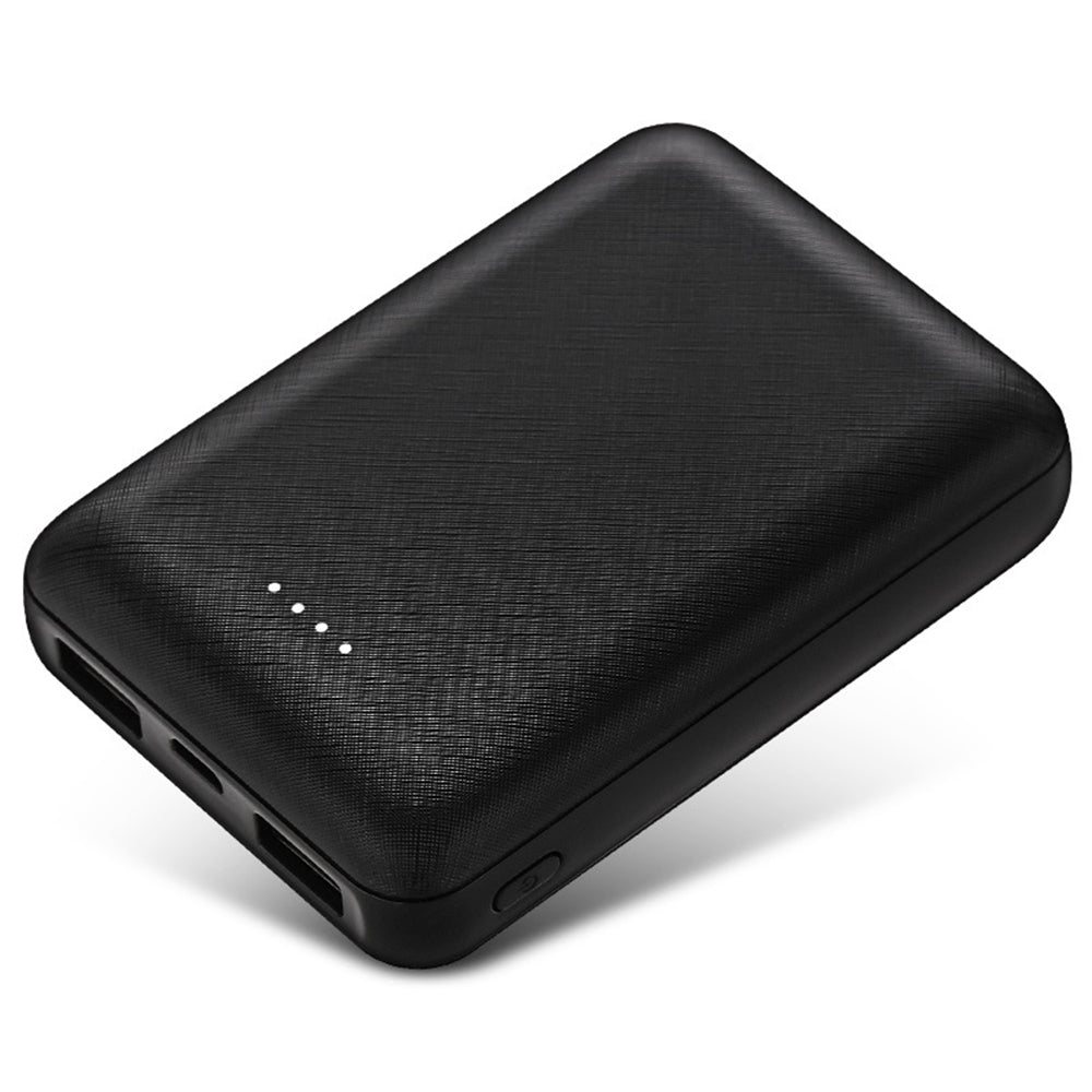 fekete powerbank, töltöttségjelző LED pontokkal oldalnézetben