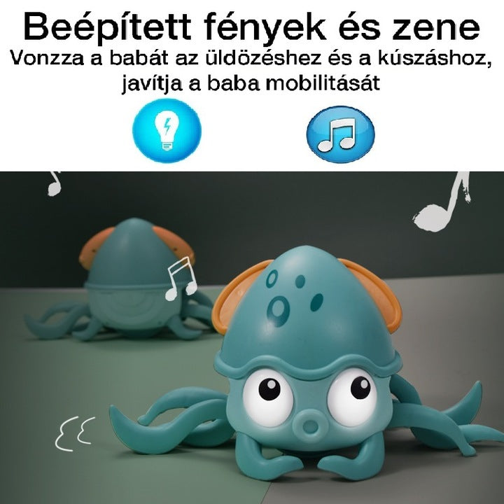 zenélő mászó polip játék, beépített fényekkel és zenével bemutatva
