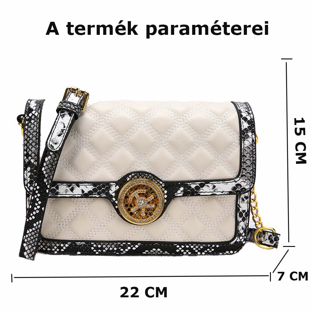 fehér steppelt kígyómintás női láncos válltáska méretábrán 22 x 7 x 15 cm jelöléssel