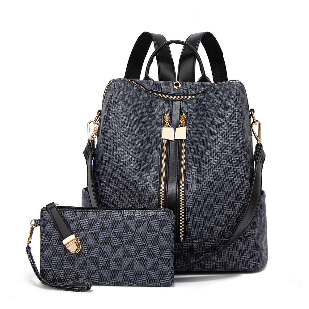 Dollcini sötétkék geometrikus női hátizsák szett, kis crossbody pénztárcával