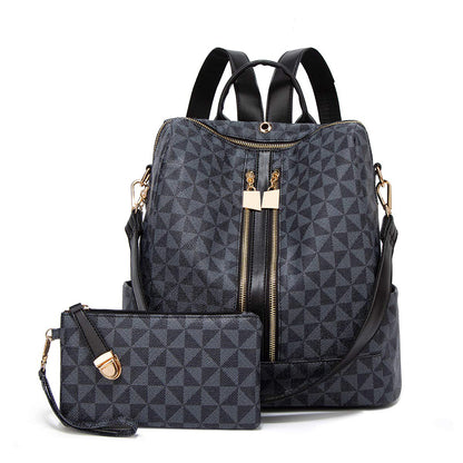 Dollcini sötétkék geometrikus női hátizsák szett, kis crossbody pénztárcával