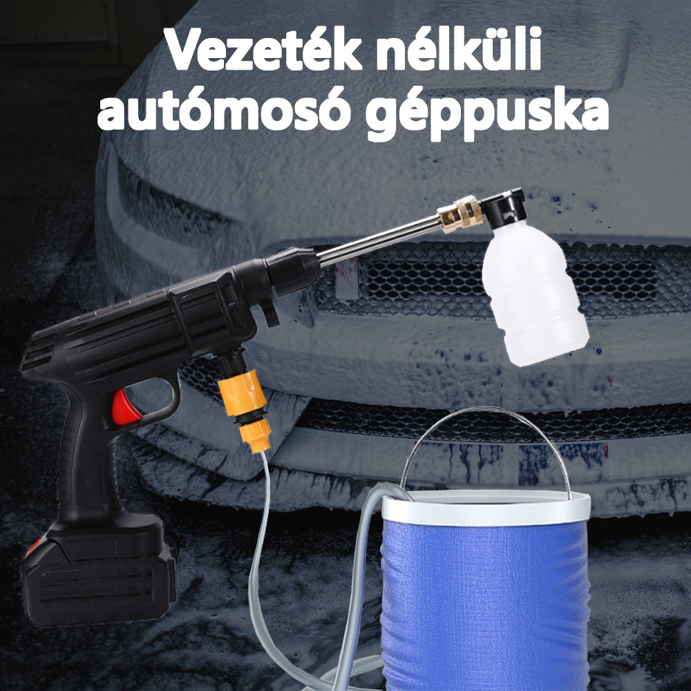 akkumulátoros magasnyomású mosópisztoly, autómosási jelenetben vödörrel