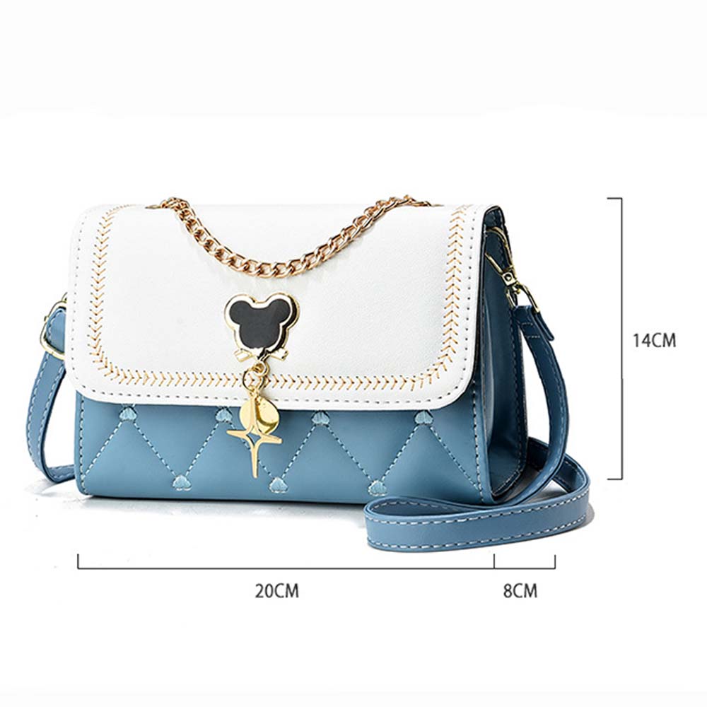 kék-fehér steppelt női crossbody táska méretábrán 20 x 14 x 8 cm jelöléssel