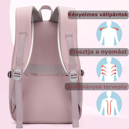 iskolatáska hátizsák, arany, rózsa formával, poliészter anyagból, vízálló kivitelben, oldalnézetben