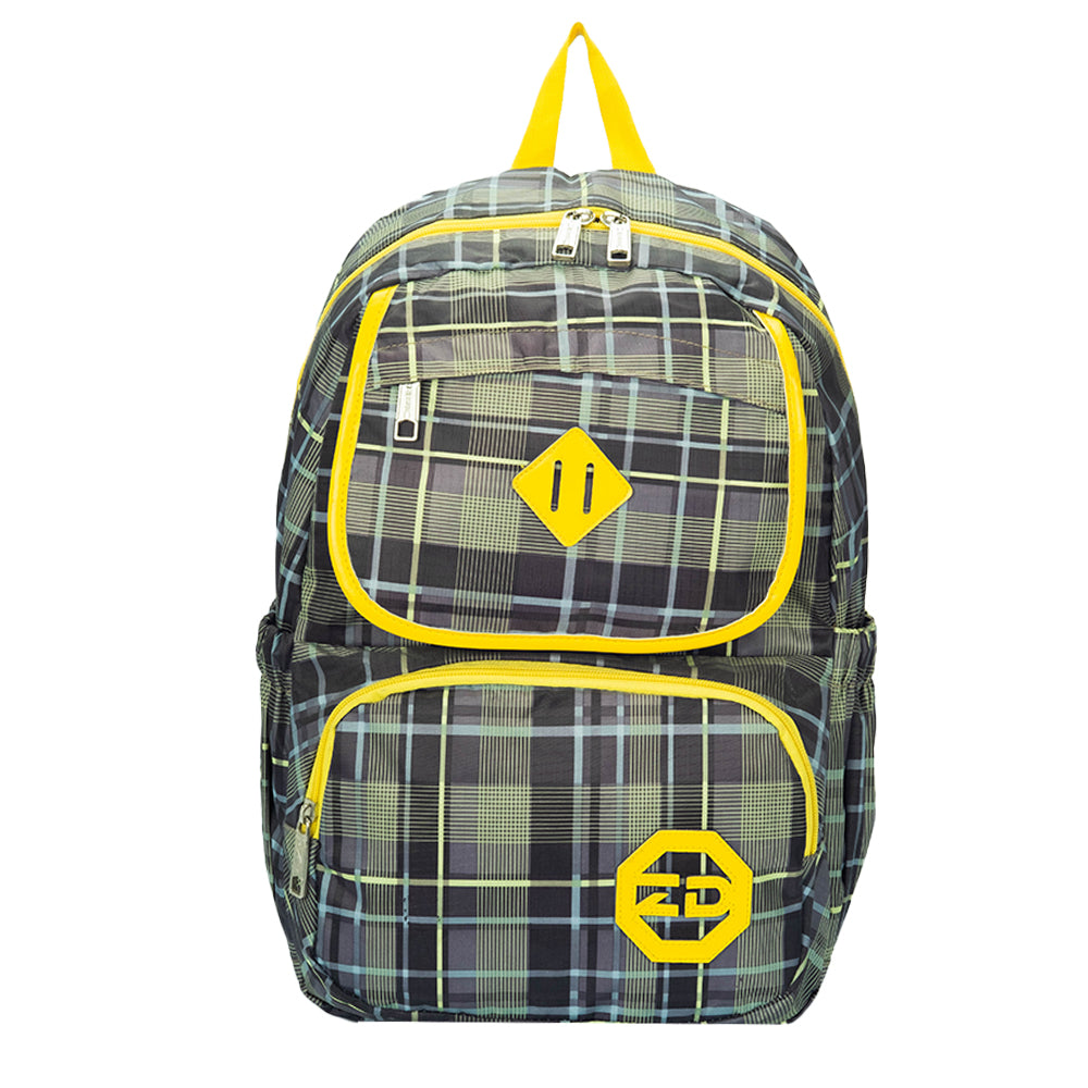 Dollcini zöld-sárga kockás unisex hátizsák, elülső zsebekkel