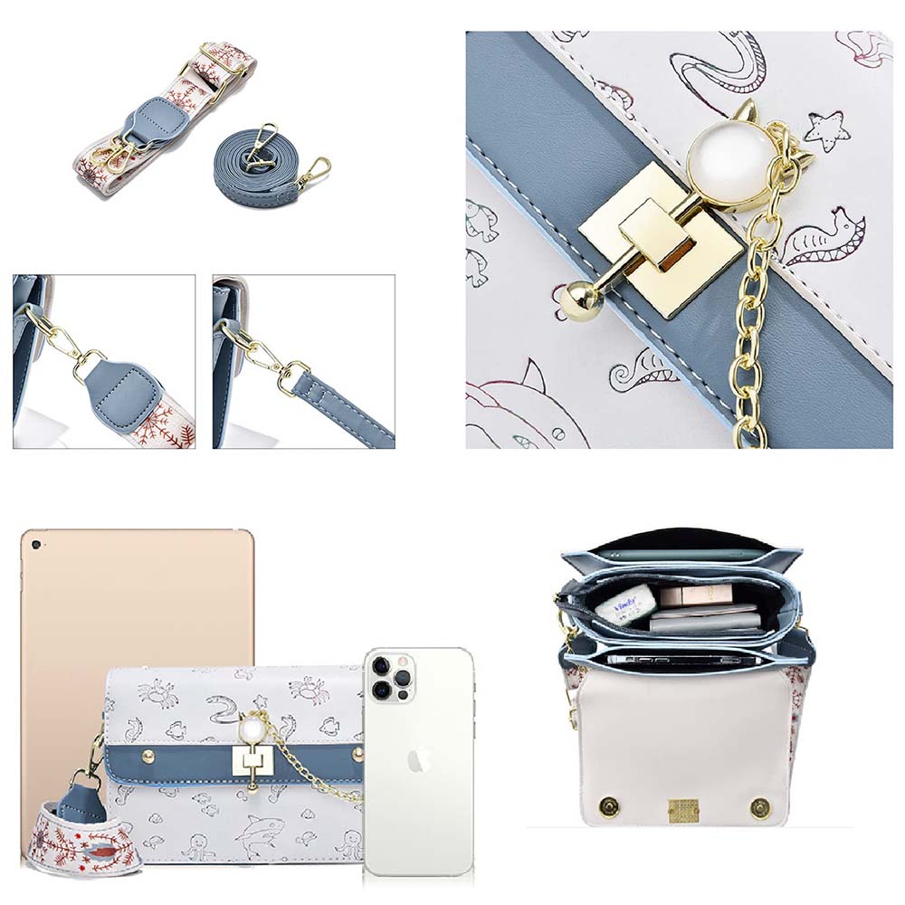kék-fehér mintás női crossbody táska kapacitás- és részletkollázson telefonnal és tablettel