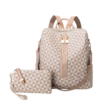 Dollcini bézs geometrikus női hátizsák szett, kis crossbody pénztárcával
